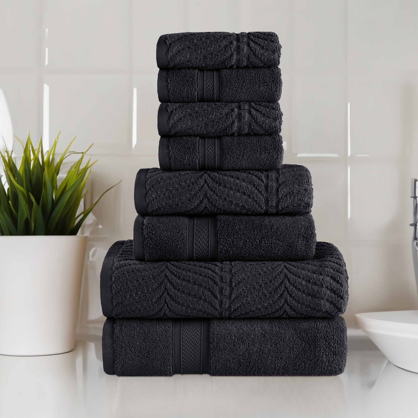 Chevron Zero Twist Solid and Jacquard Cotton 8 Piece Towel Set - Black