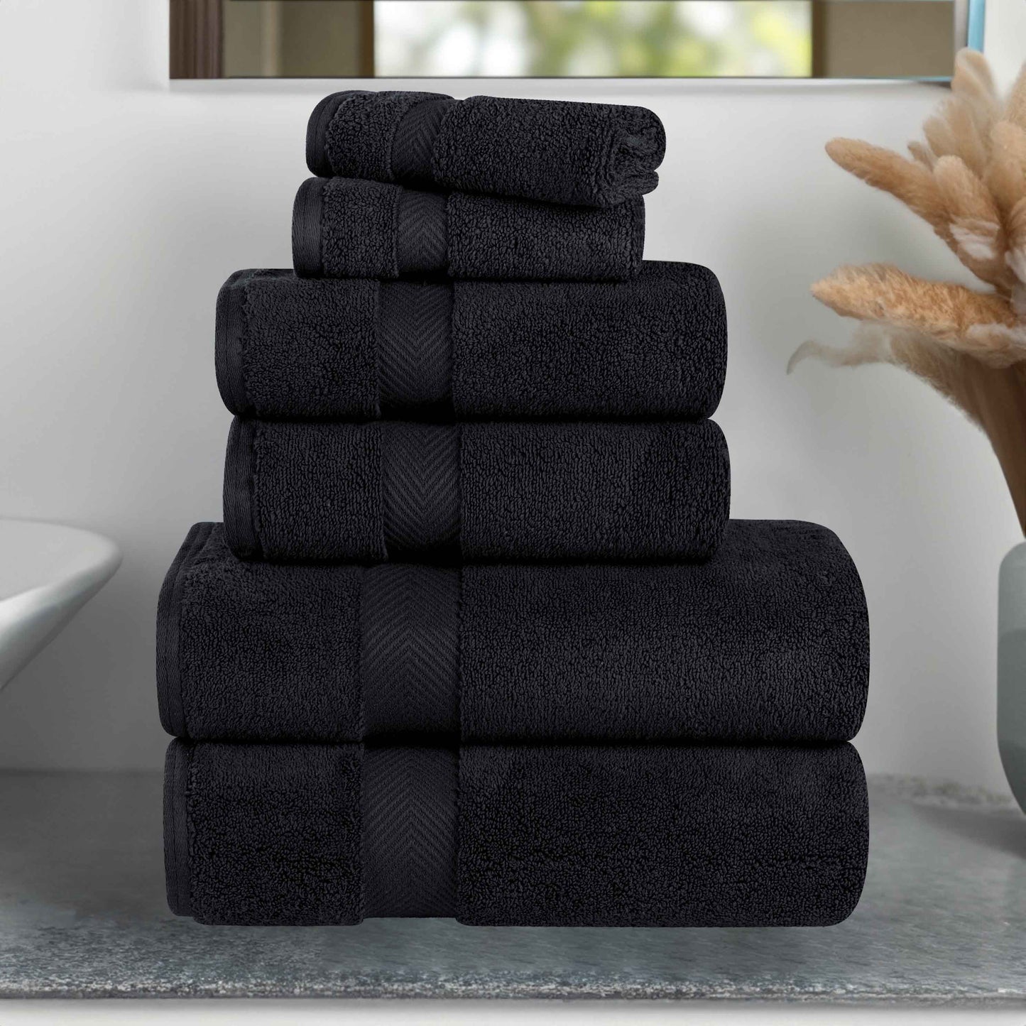 Zero-Twist Cotton Quick-Drying Absorbent Assorted 6 Piece Towel Set - Black