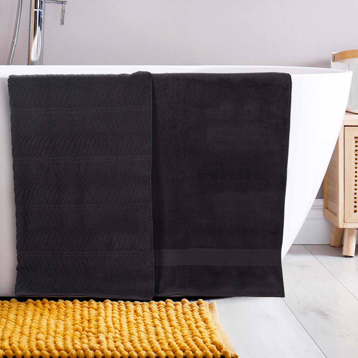 Chevron Zero Twist Solid and Jacquard Soft Cotton Bath Sheet Set of 2 - Black