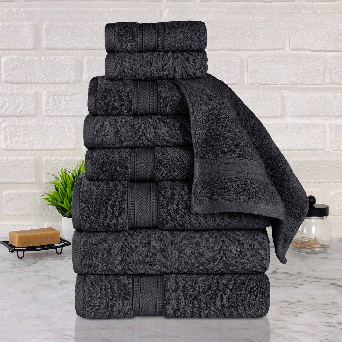 Chevron Zero Twist Solid and Jacquard Cotton 9 Piece Towel Set - Black