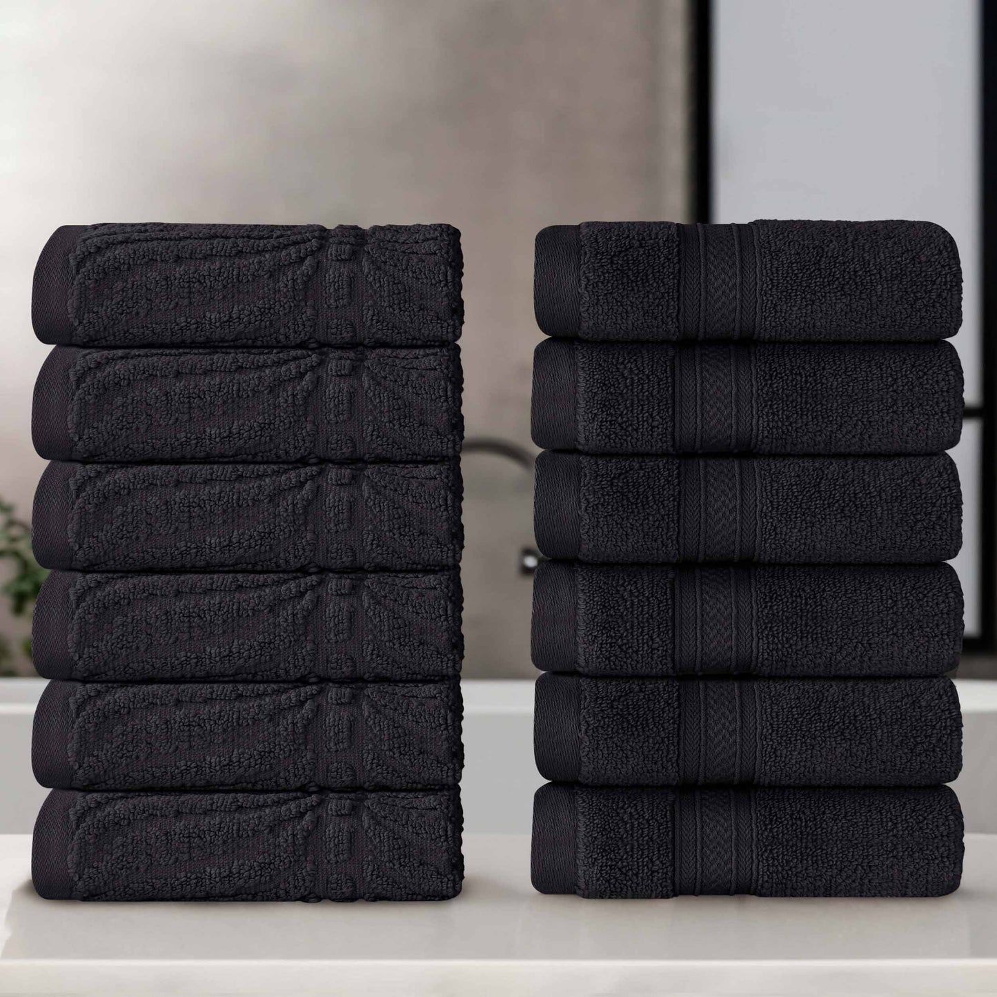 Chevron Zero Twist Solid and Jacquard Soft Cotton Washcloth Set of 12 - Black