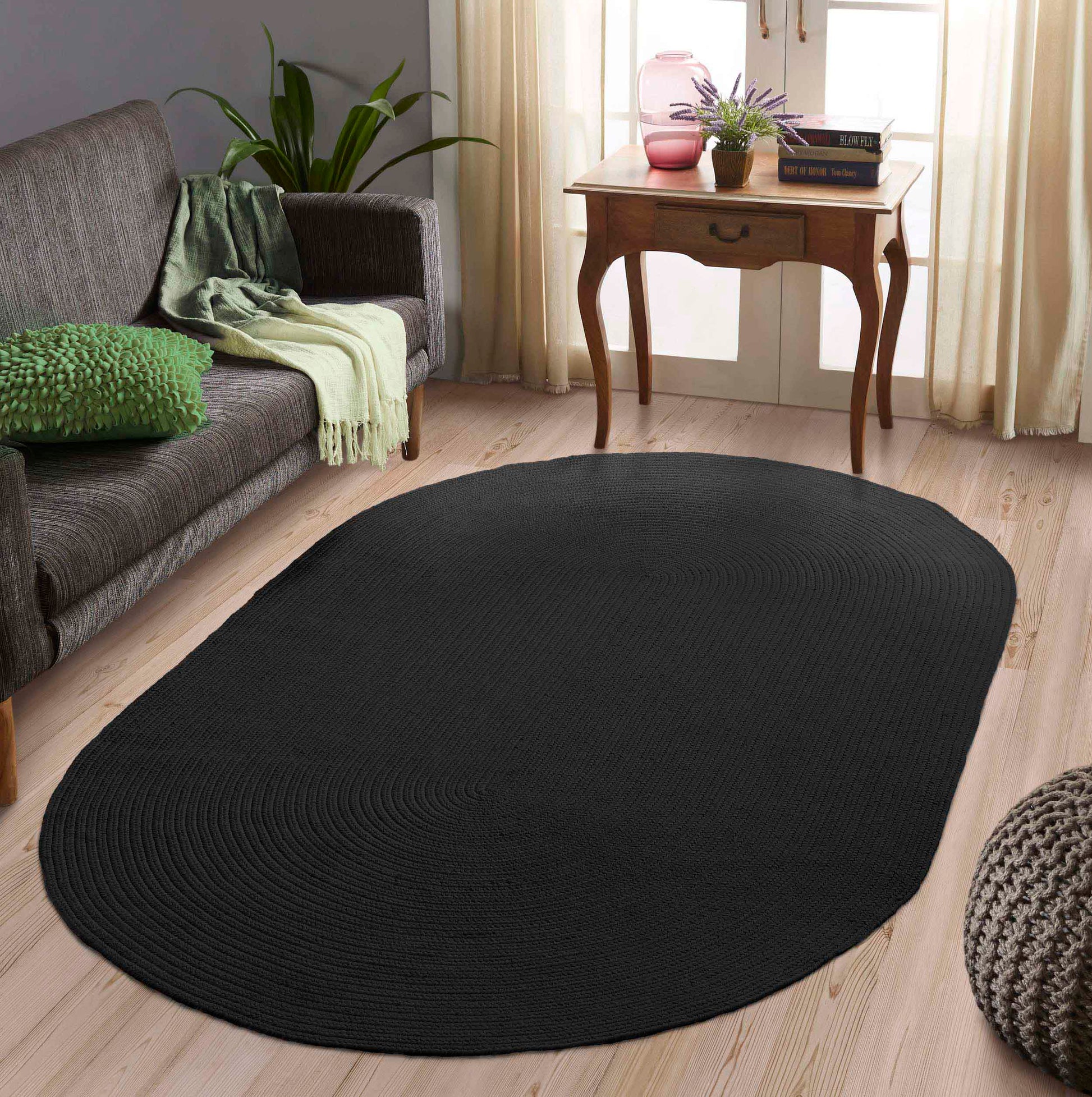 Classic Braided Weave Oval Area Rug Indoor Outdoor Rugs - Black