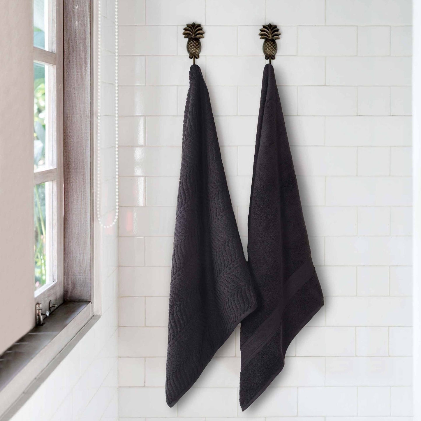 Chevron Zero Twist Solid and Jacquard Soft Cotton Bath Sheet Set of 2 - Black