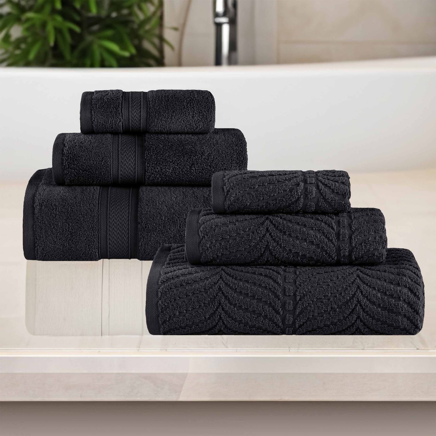 Chevron Zero Twist Solid and Jacquard Soft Cotton 6 Piece Towel Set - Black