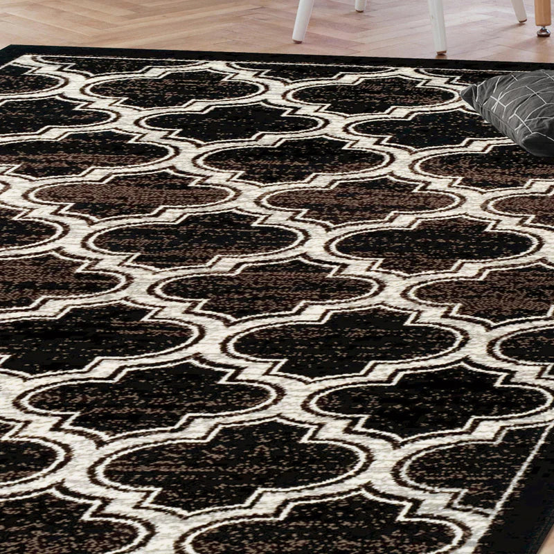 Distressed Moroccan Trellis Area Rug Or Runner Or Door Mat - Black