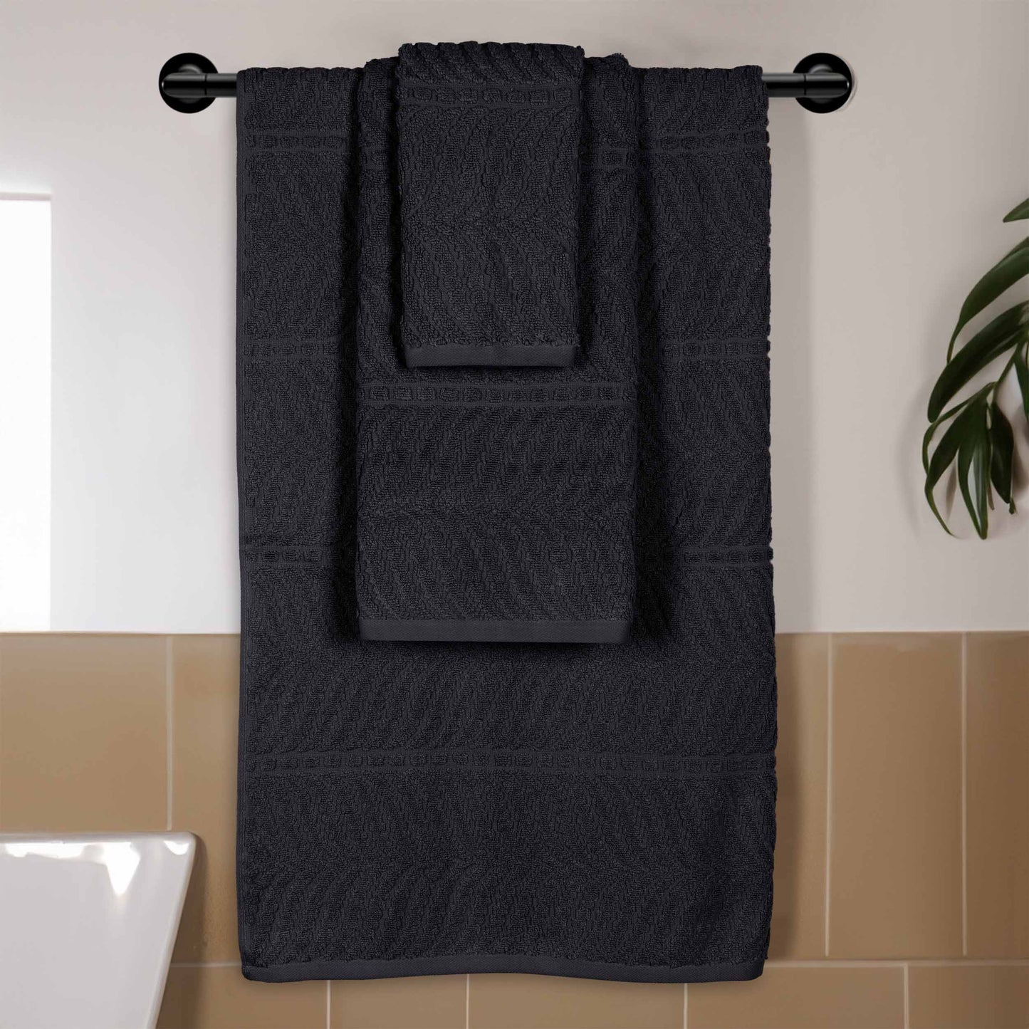 Chevron Zero Twist Jaquard Cotton 3 Piece Bathroom Towel Set - Black