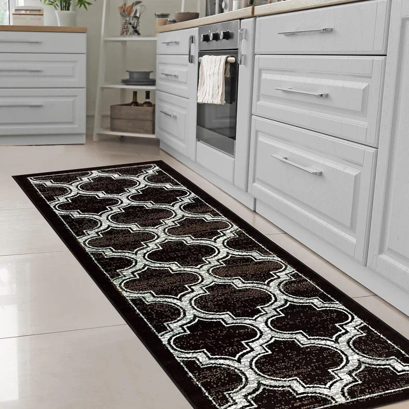 Distressed Moroccan Trellis Area Rug Or Runner Or Door Mat - Black