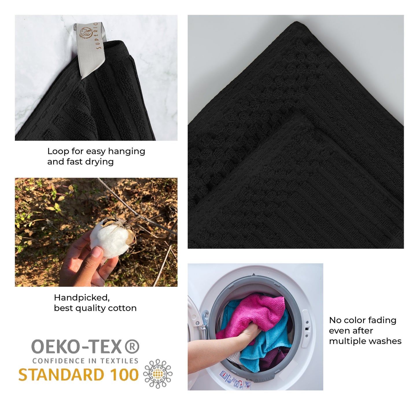 Soho Ribbed Cotton Absorbent 3 Piece Assorted Towel Set - Black