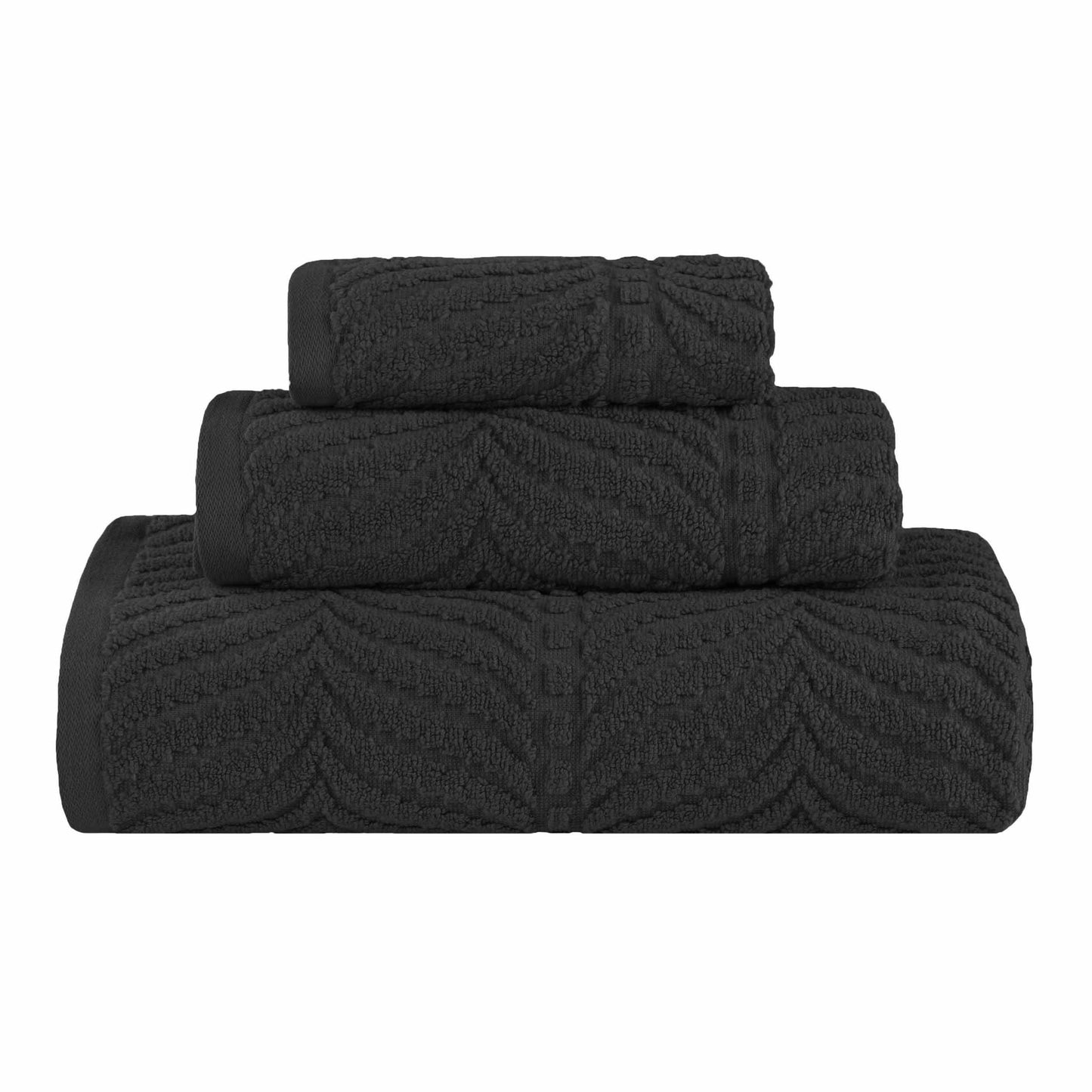 Chevron Zero Twist Jaquard Cotton 3 Piece Bathroom Towel Set - Black