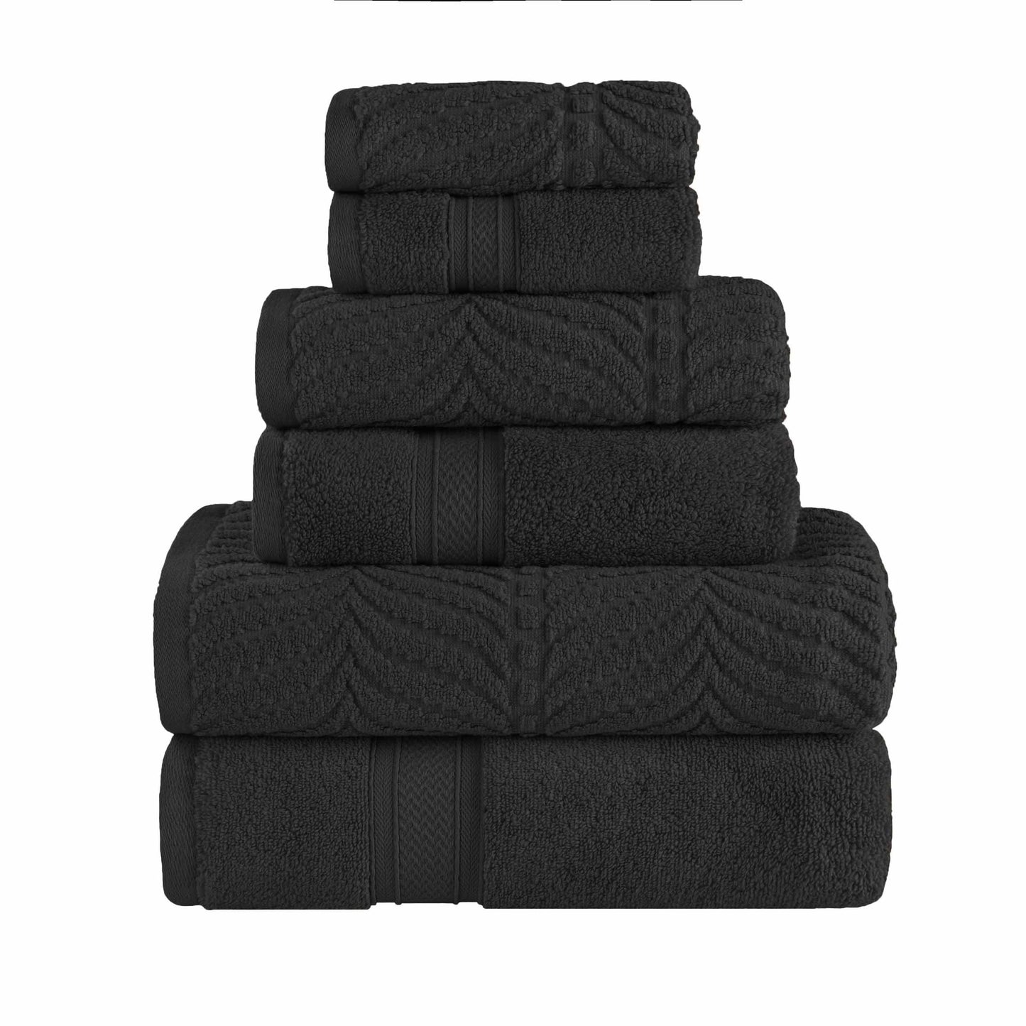 Chevron Zero Twist Solid and Jacquard Soft Cotton 6 Piece Towel Set - Black