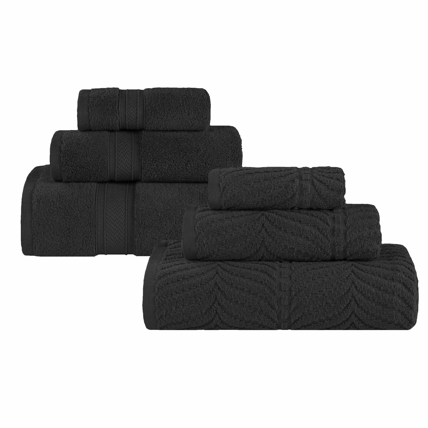 Chevron Zero Twist Solid and Jacquard Soft Cotton 6 Piece Towel Set - Black