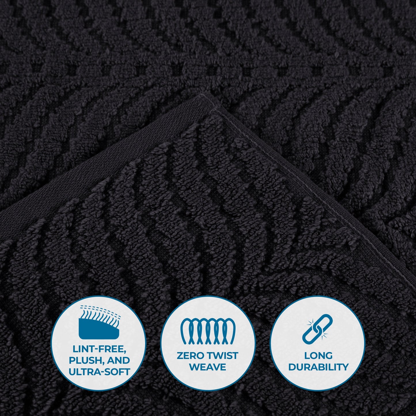 Chevron Zero Twist Solid and Jacquard Soft Cotton 6 Piece Towel Set - Black