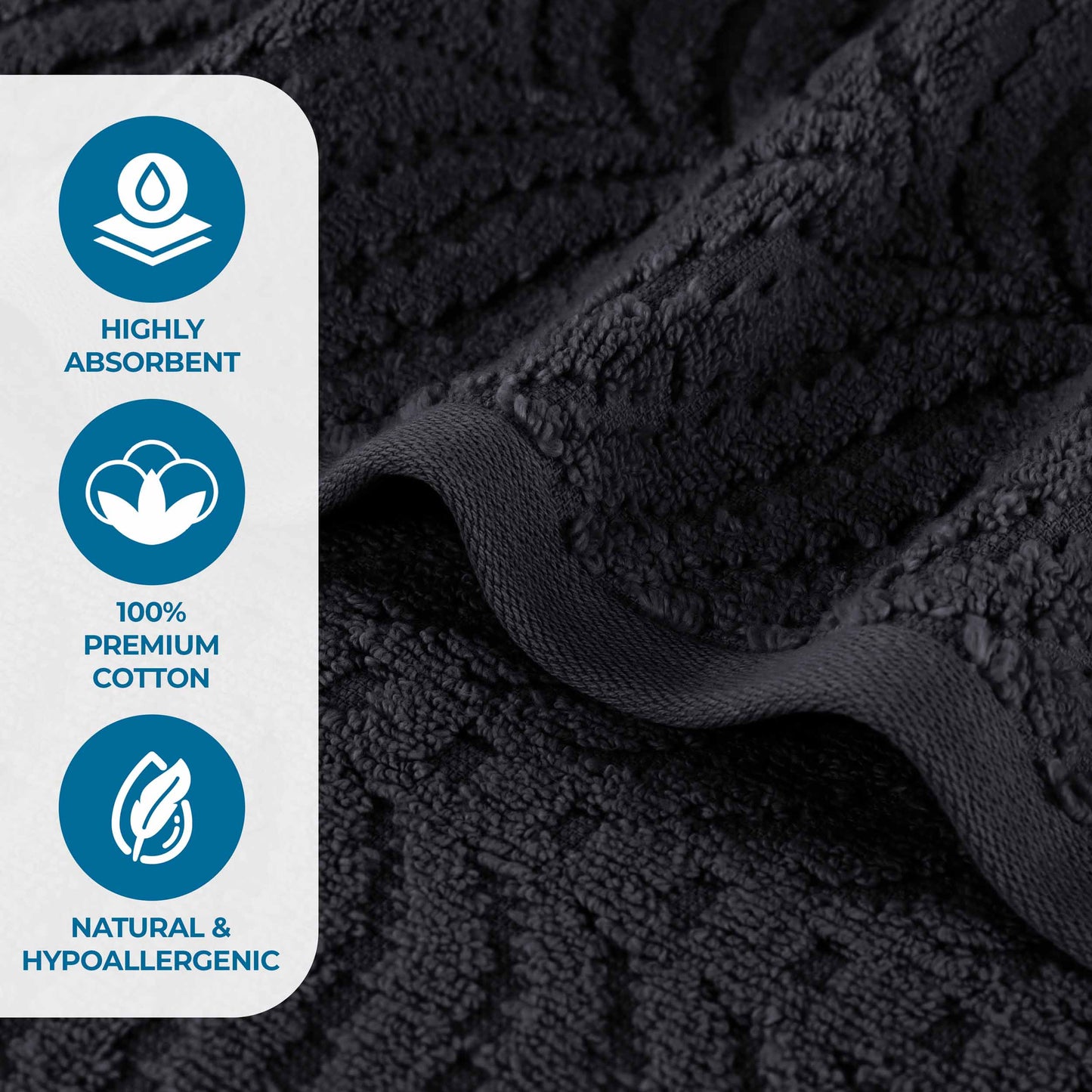 Chevron Zero Twist Solid and Jacquard Soft Cotton 6 Piece Towel Set - Black