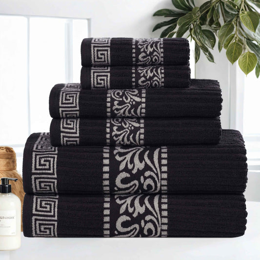 Athens Cotton Medium Weight Floral Greek Key Trim 6 Piece Towel Set - Black-Chrome