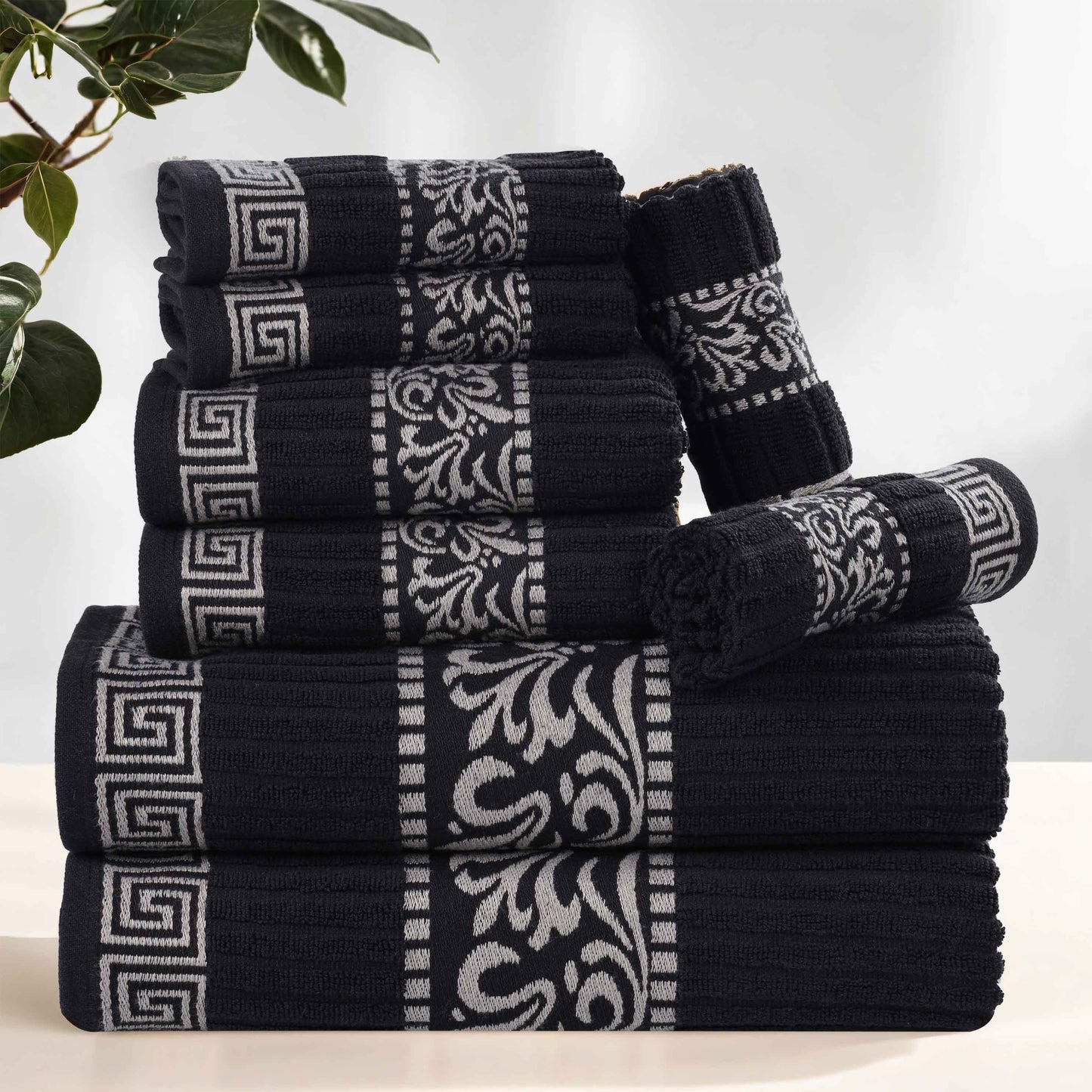 Superior Athens Cotton Greek Key Trim 8 Piece Towel Set - Black-Chrome