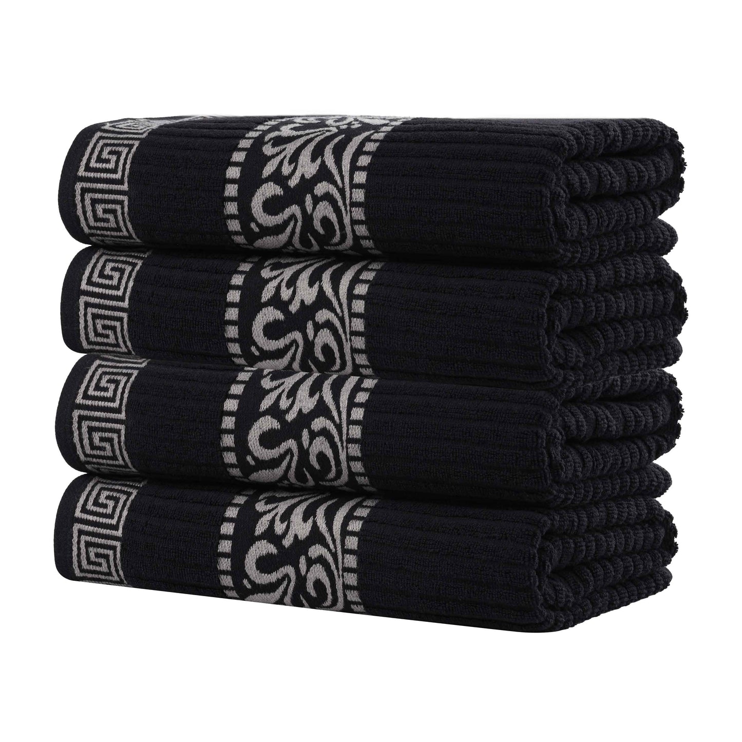 Athens Cotton Greek Key Trim Bath Towel Set of 4 - Black-Chrome