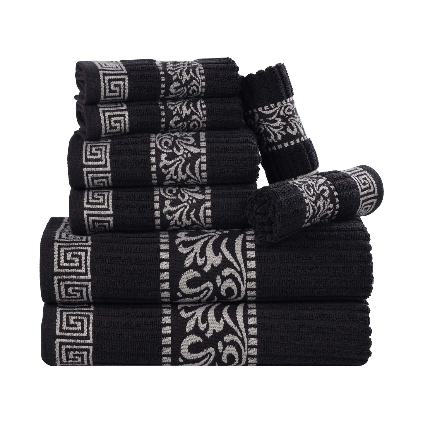 Superior Athens Cotton Greek Key Trim 8 Piece Towel Set - Black-Chrome
