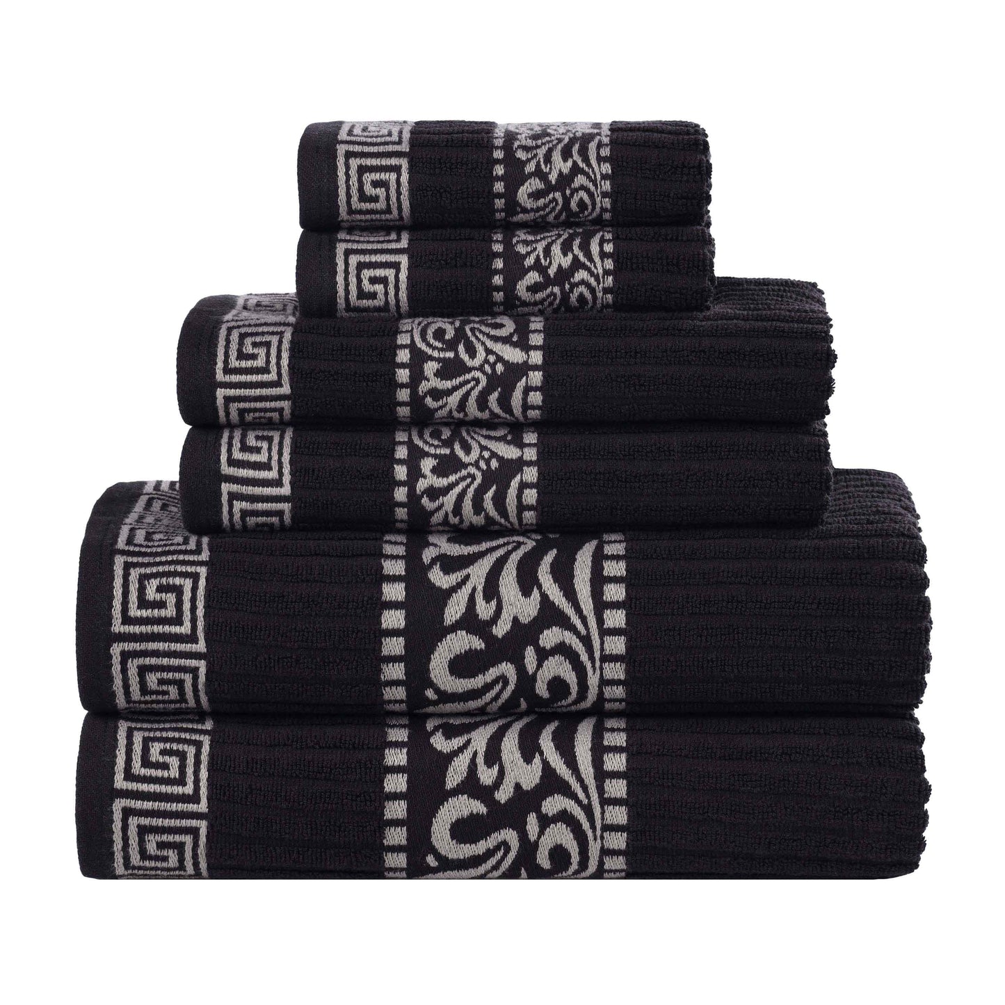 Athens Cotton Medium Weight Floral Greek Key Trim 6 Piece Towel Set - Black-Chrome