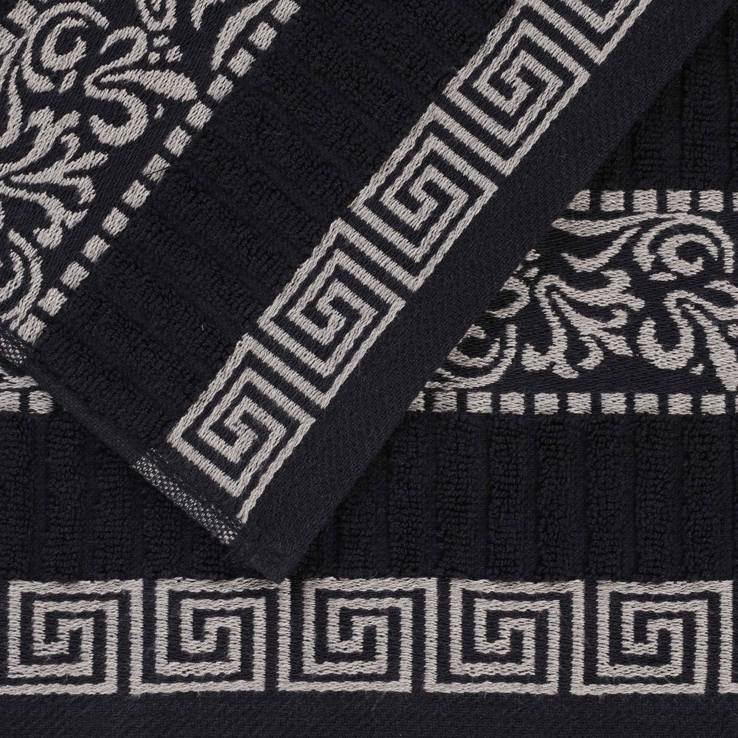 Athens Cotton Medium Weight Floral Greek Key Trim 6 Piece Towel Set - Black-Chrome