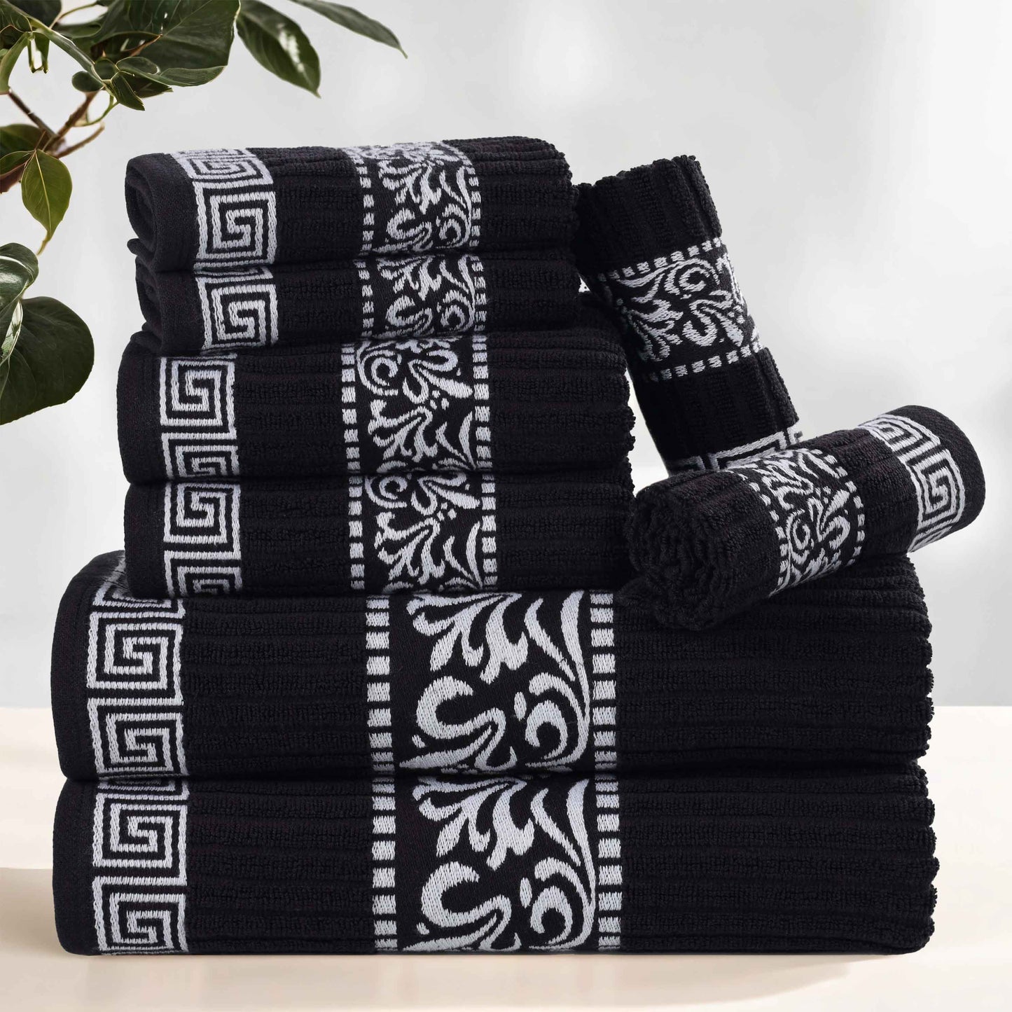 Superior Athens Cotton Greek Key Trim 8 Piece Towel Set - Black-White