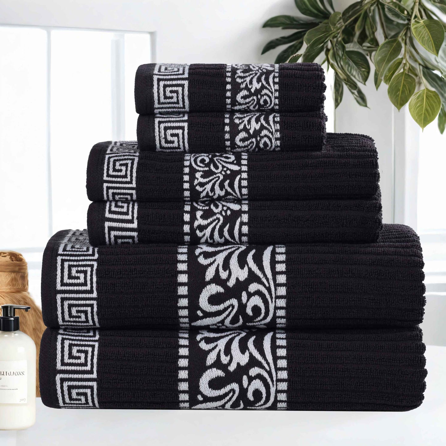Athens Cotton Medium Weight Floral Greek Key Trim 6 Piece Towel Set - Black-White
