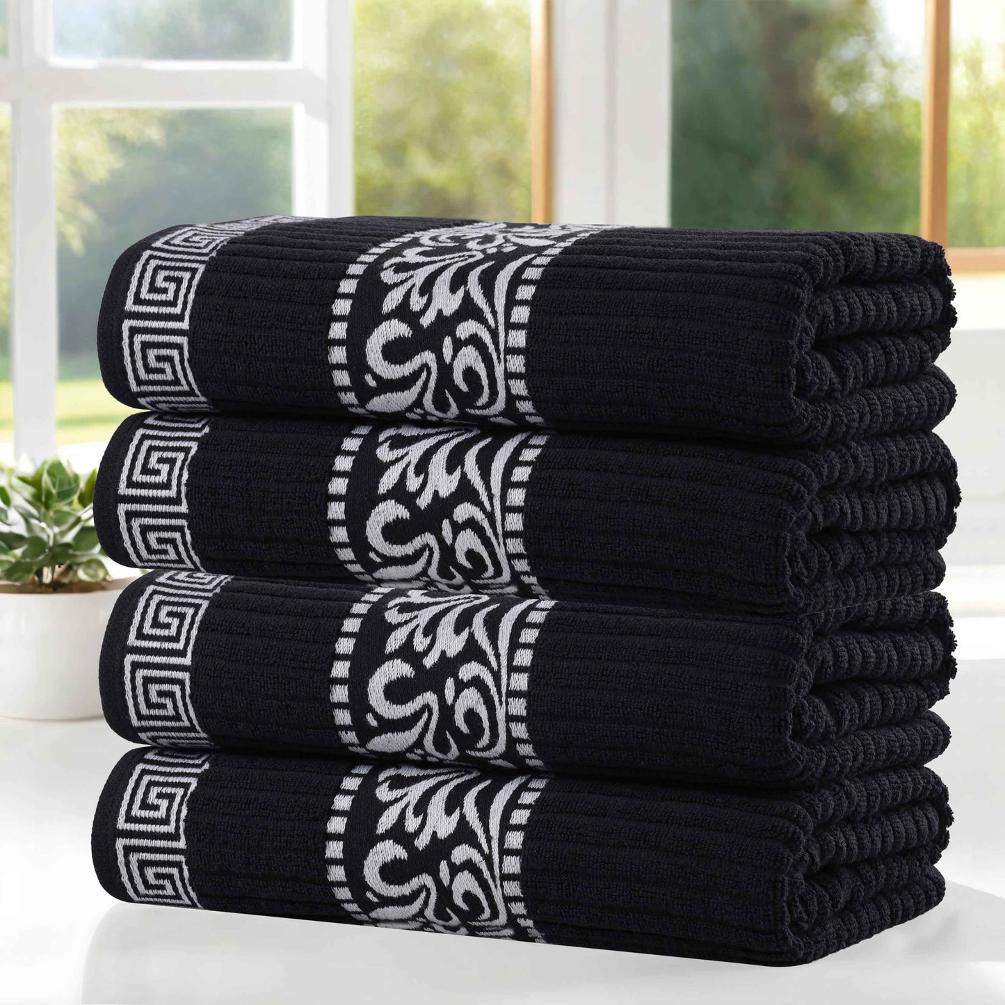 Athens Cotton Greek Key Trim Bath Towel Set of 4 - Black-White
