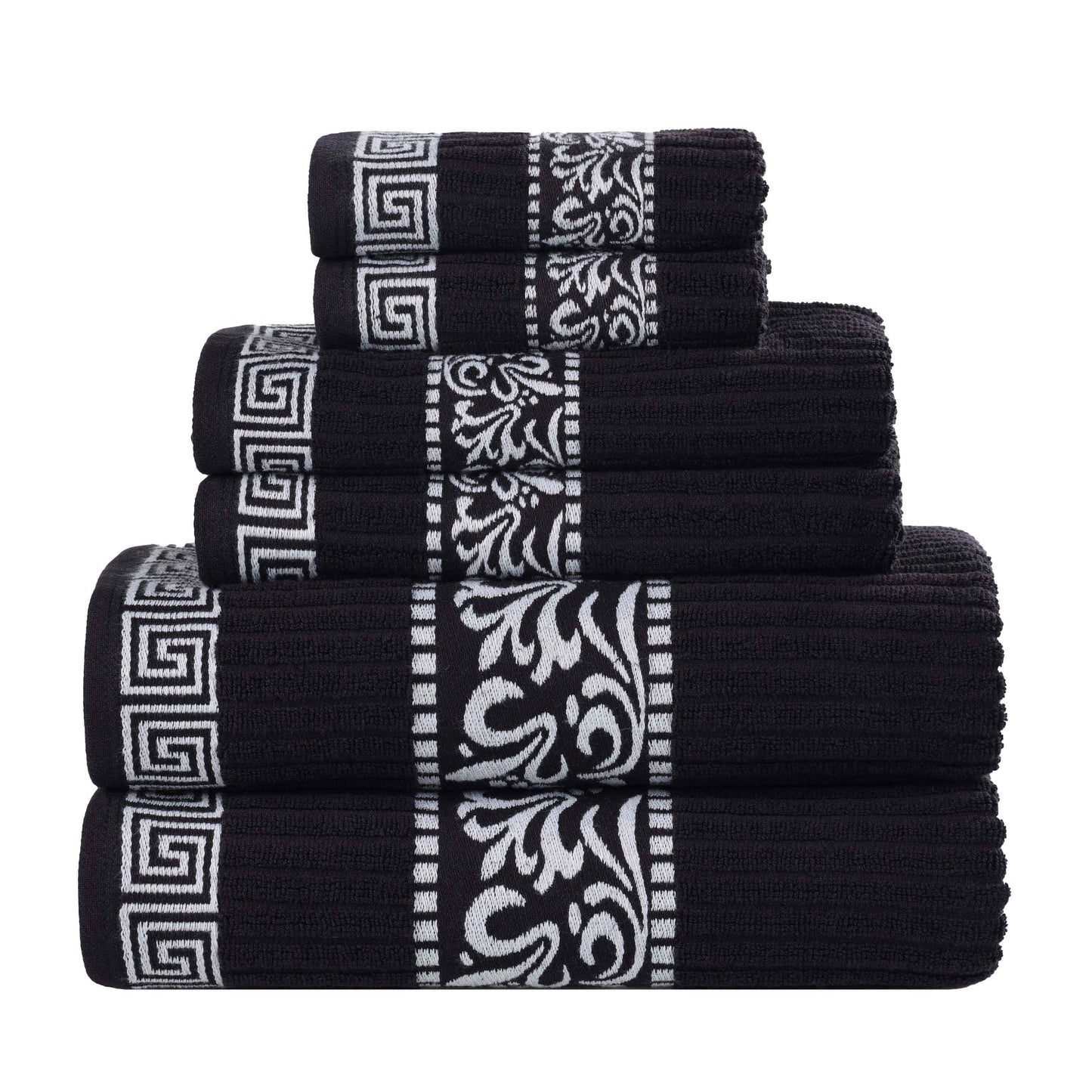 Athens Cotton Medium Weight Floral Greek Key Trim 6 Piece Towel Set - Black-White