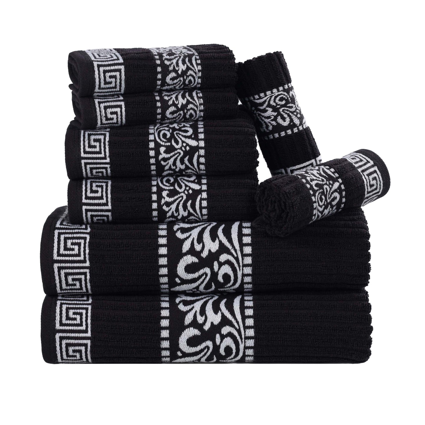 Superior Athens Cotton Greek Key Trim 8 Piece Towel Set - Black-White