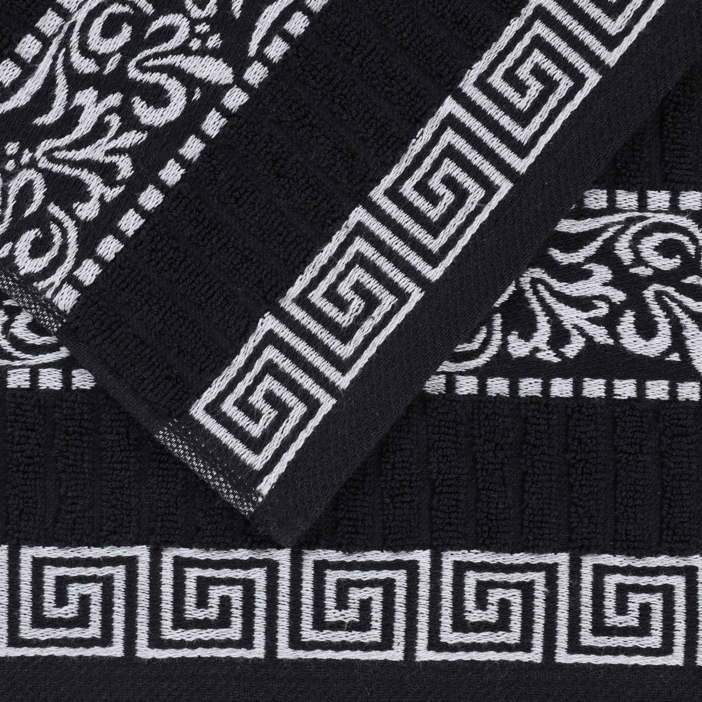 Athens Cotton Medium Weight Floral Greek Key Trim 6 Piece Towel Set - Black-White