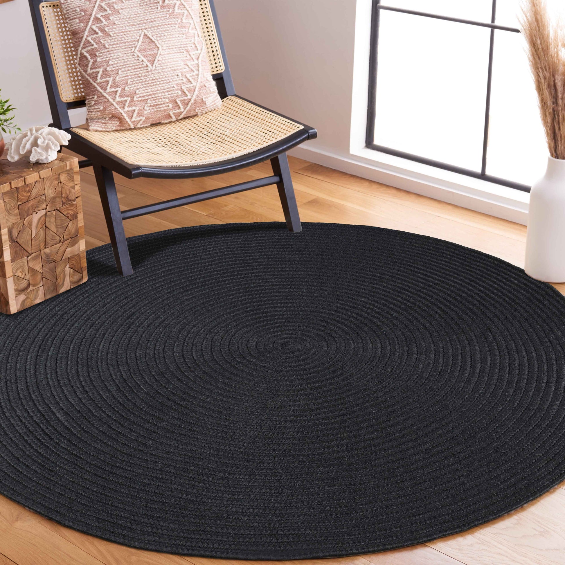 Bohemian Braided Indoor Outdoor Rugs Solid Round Area Rug - Black