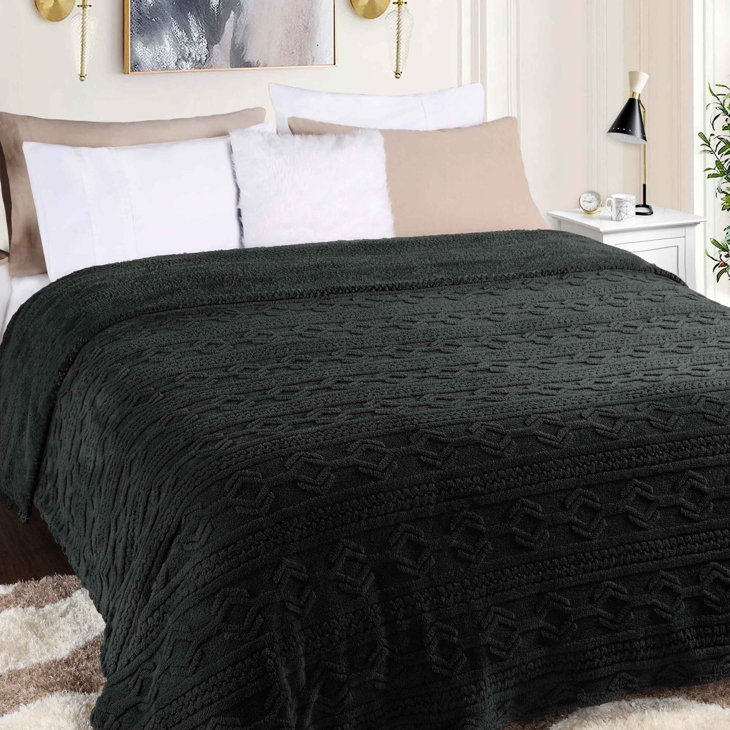Arctic Boho Knit Jacquard Fleece Plush Medium Weight Fluffy Blanket - Black
