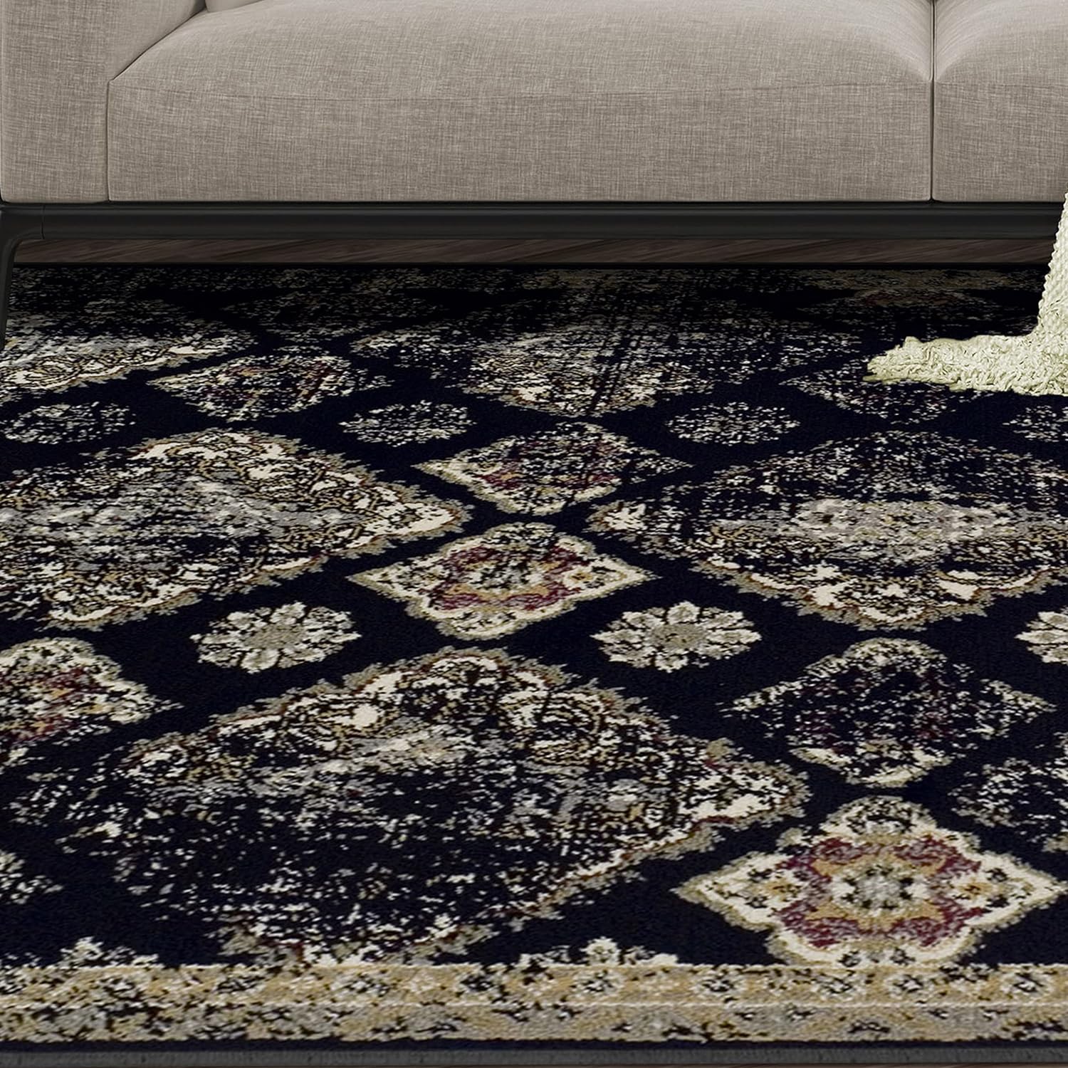 Mayfair Distressed Damask Indoor Area Rug or Runner Rug Or Door Mat - Black