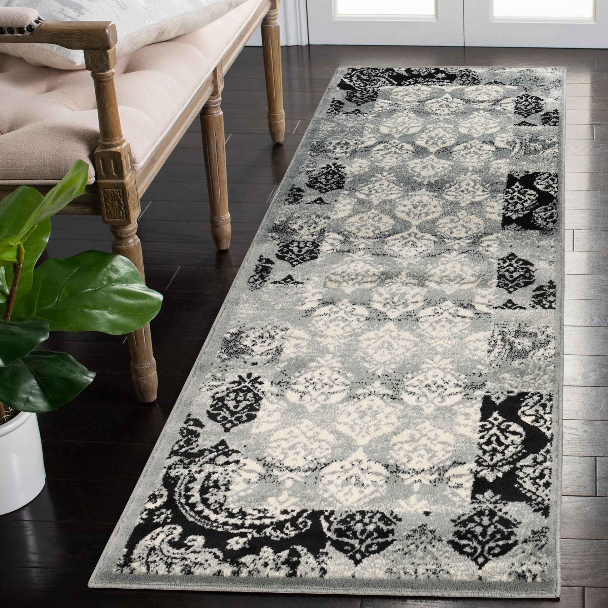 Mystique Distressed Damask Contemporary Area Rug - Black