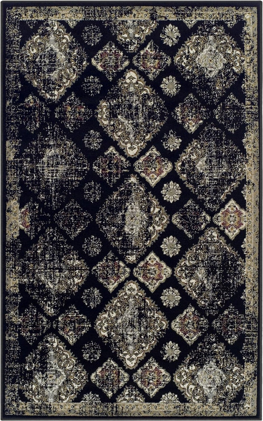 Mayfair Distressed Damask Indoor Area Rug or Runner Rug Or Door Mat - Black