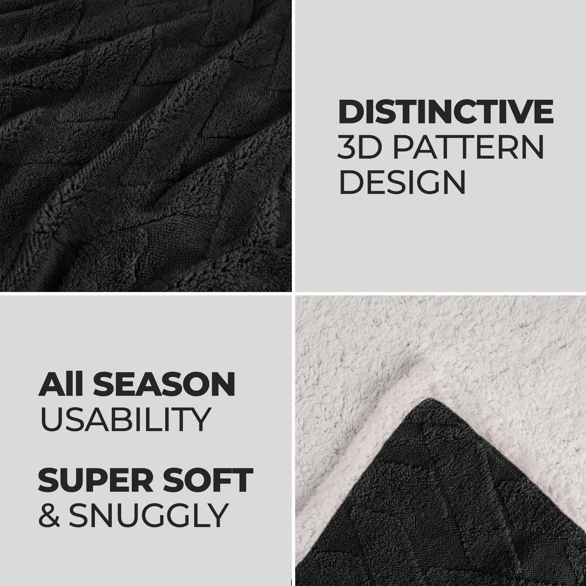 Nuuk Jacquard Lattice Fleece Plush Fluffy Sherpa Reversible Blanket - Black