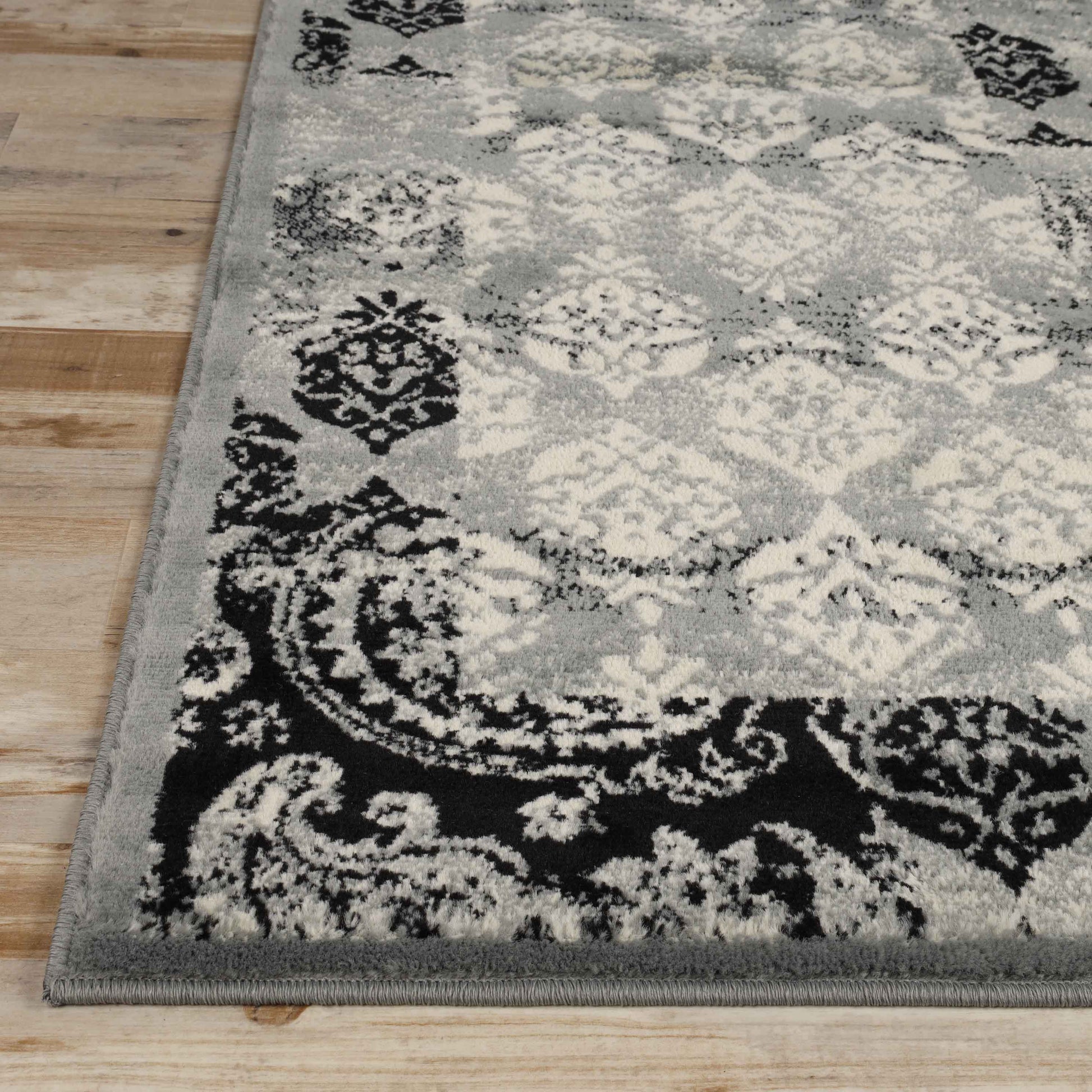 Mystique Distressed Damask Contemporary Area Rug - Black