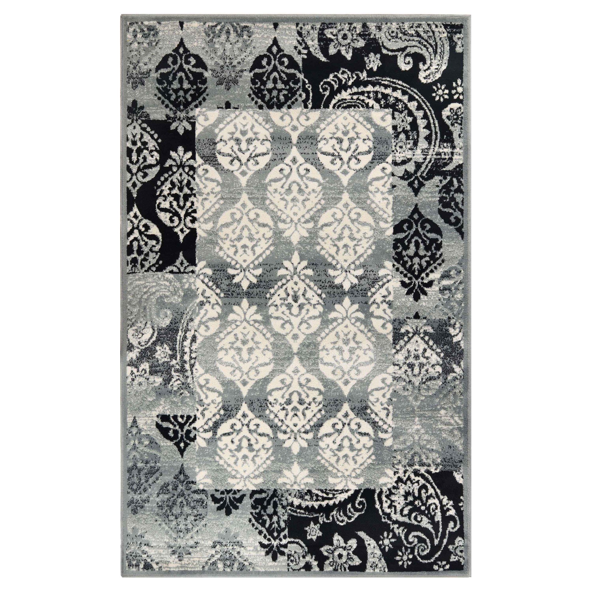 Mystique Distressed Damask Contemporary Area Rug - Black