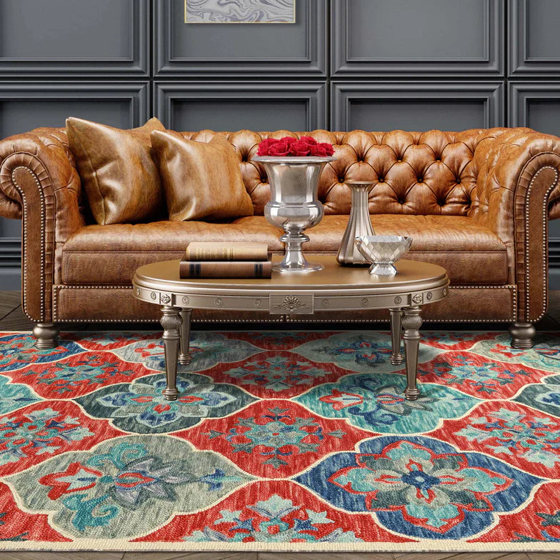 Geometric Floral Hand-Tufted Handmade Wool Indoor Area Rug Or Runner - Blue-Rust