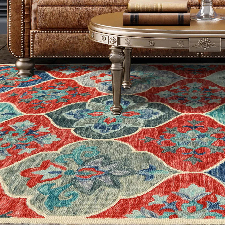 Geometric Floral Hand-Tufted Handmade Wool Indoor Area Rug Or Runner - Blue-Rust