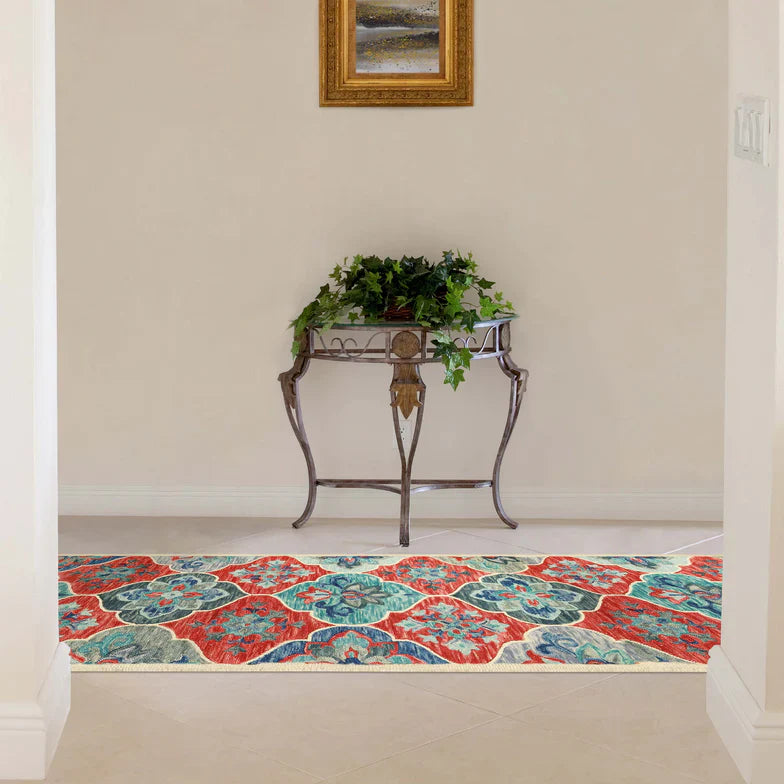 Geometric Floral Hand-Tufted Handmade Wool Indoor Area Rug Or Runner - Blue-Rust