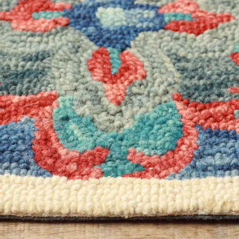 Geometric Floral Hand-Tufted Handmade Wool Indoor Area Rug Or Runner - Blue-Rust