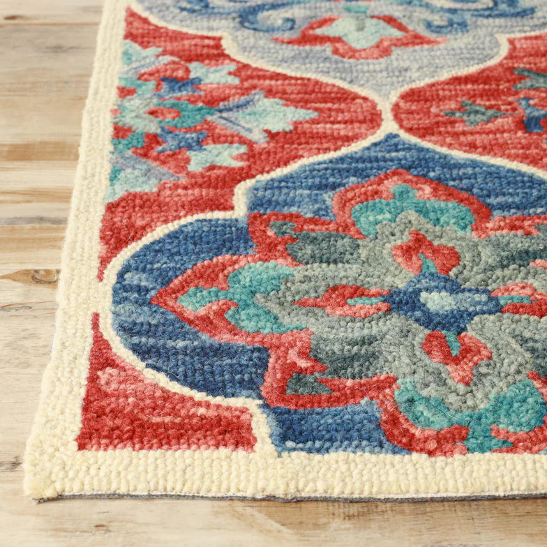 Geometric Floral Hand-Tufted Handmade Wool Indoor Area Rug Or Runner - Blue-Rust