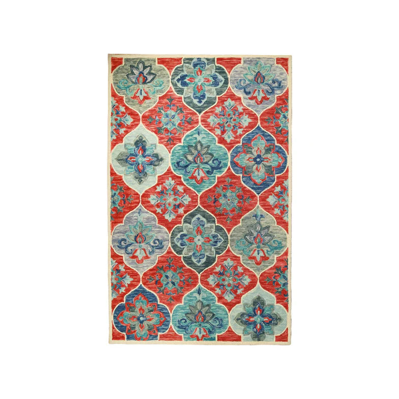 Geometric Floral Hand-Tufted Handmade Wool Indoor Area Rug Or Runner - Blue-Rust