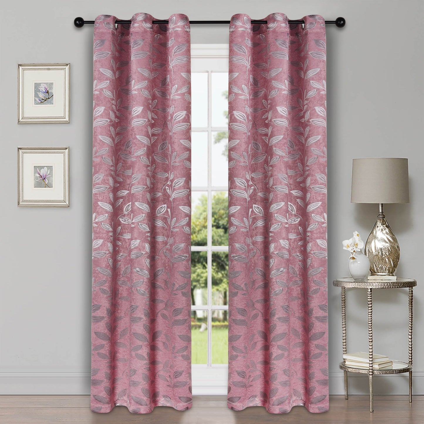 Leaves Machine Washable Room Darkening Blackout Curtains, Set of 2 - Blush