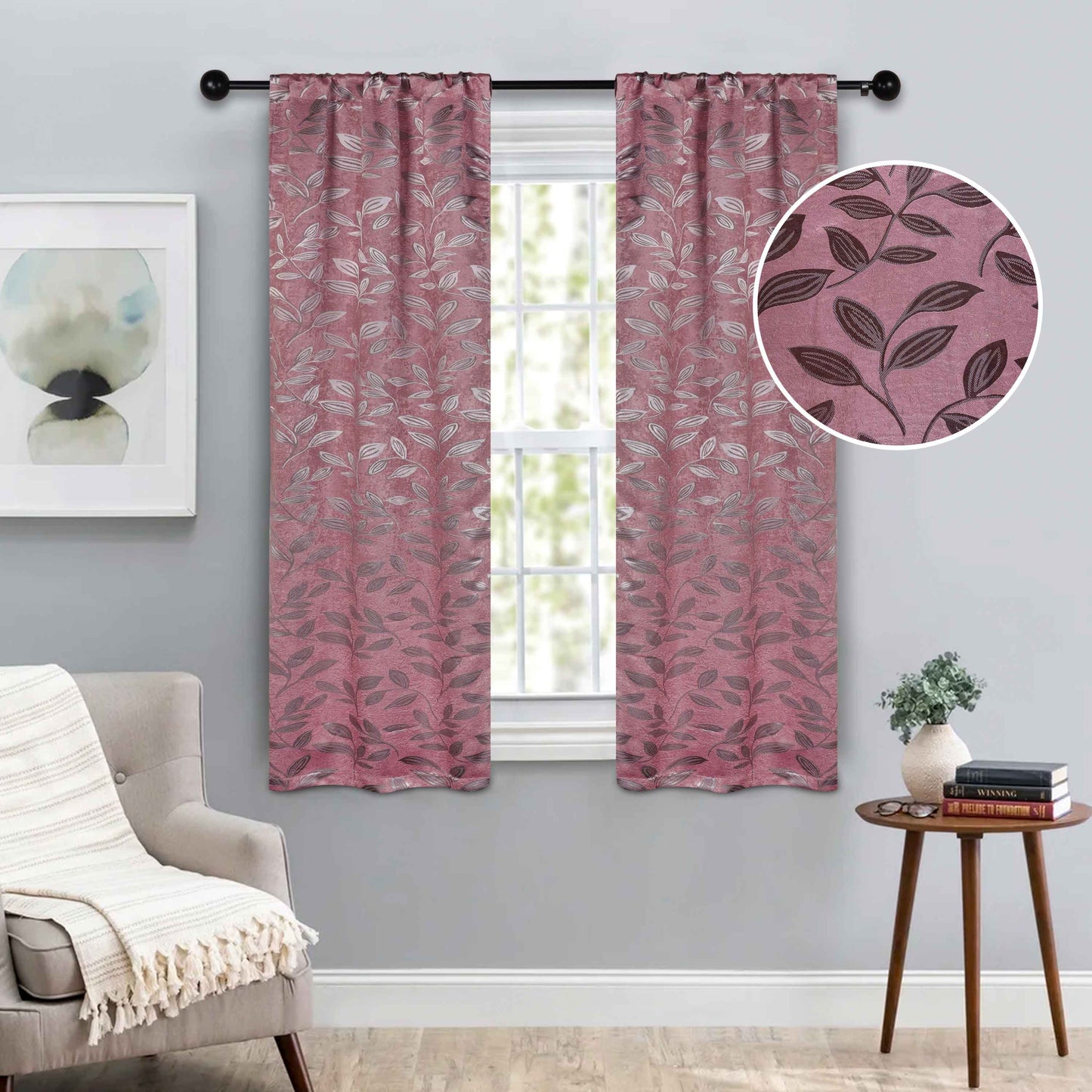 Leaves Machine Washable Room Darkening Blackout Curtains, Set of 2 - Blush