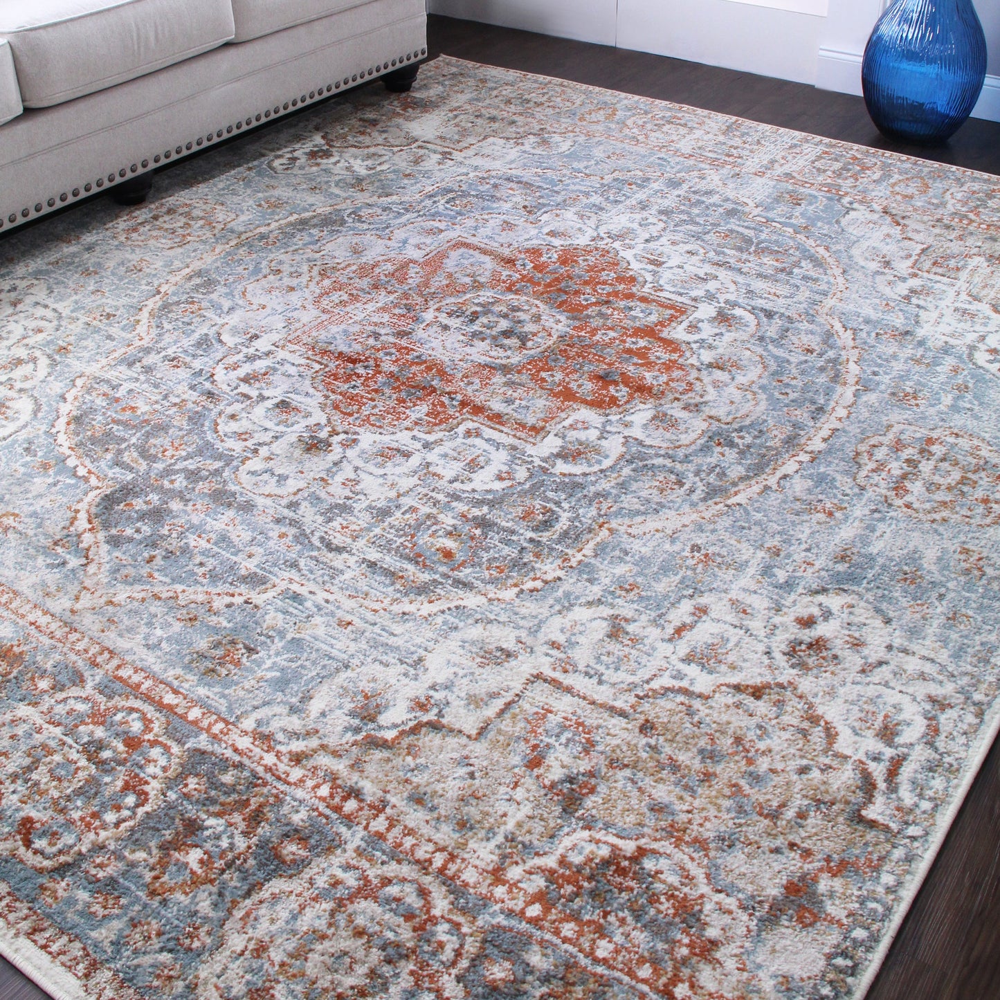 Bodhi Vintage Floral Classic Medallion Indoor Area Rug or Runner - Canal Blue