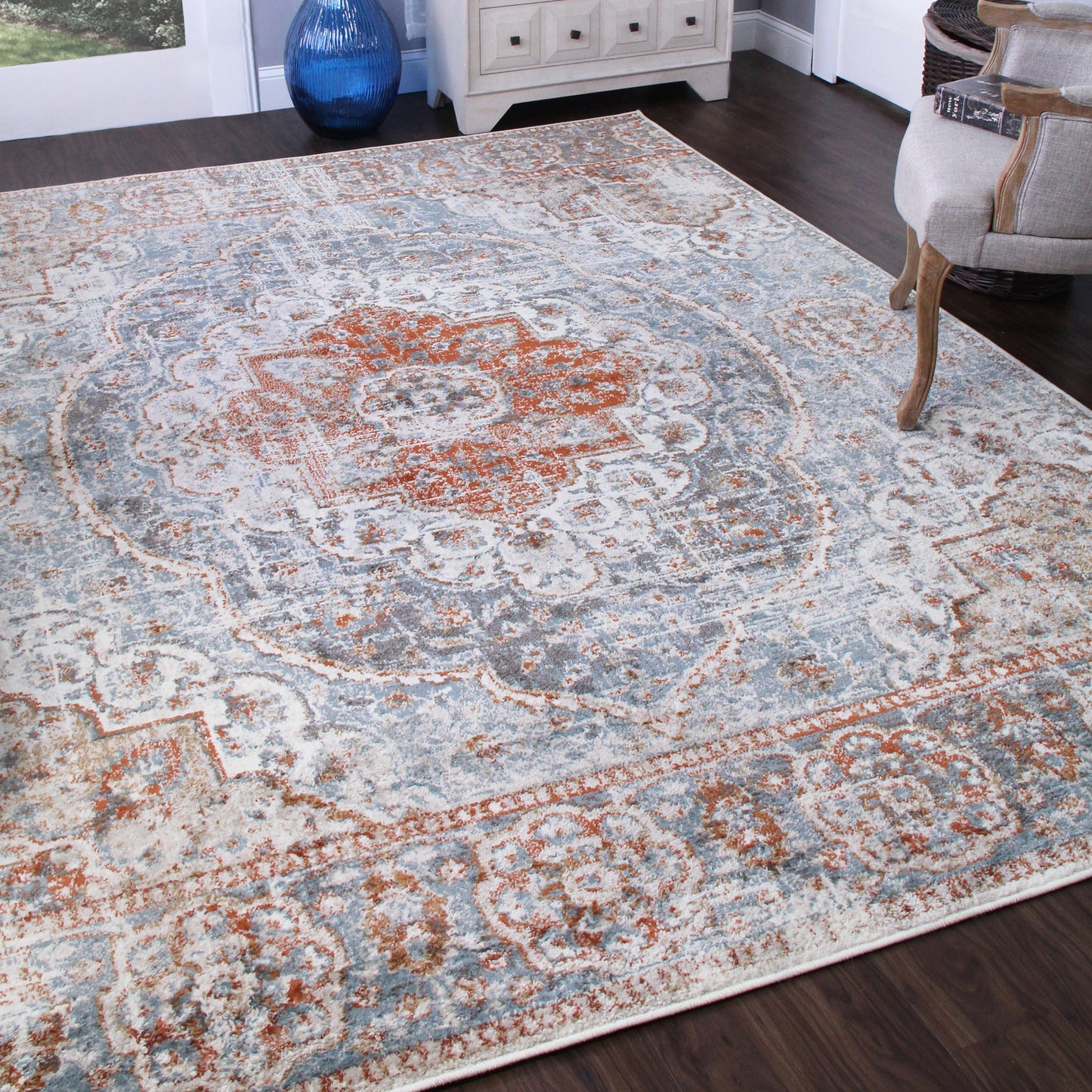 Bodhi Vintage Floral Classic Medallion Indoor Area Rug or Runner - Canal Blue