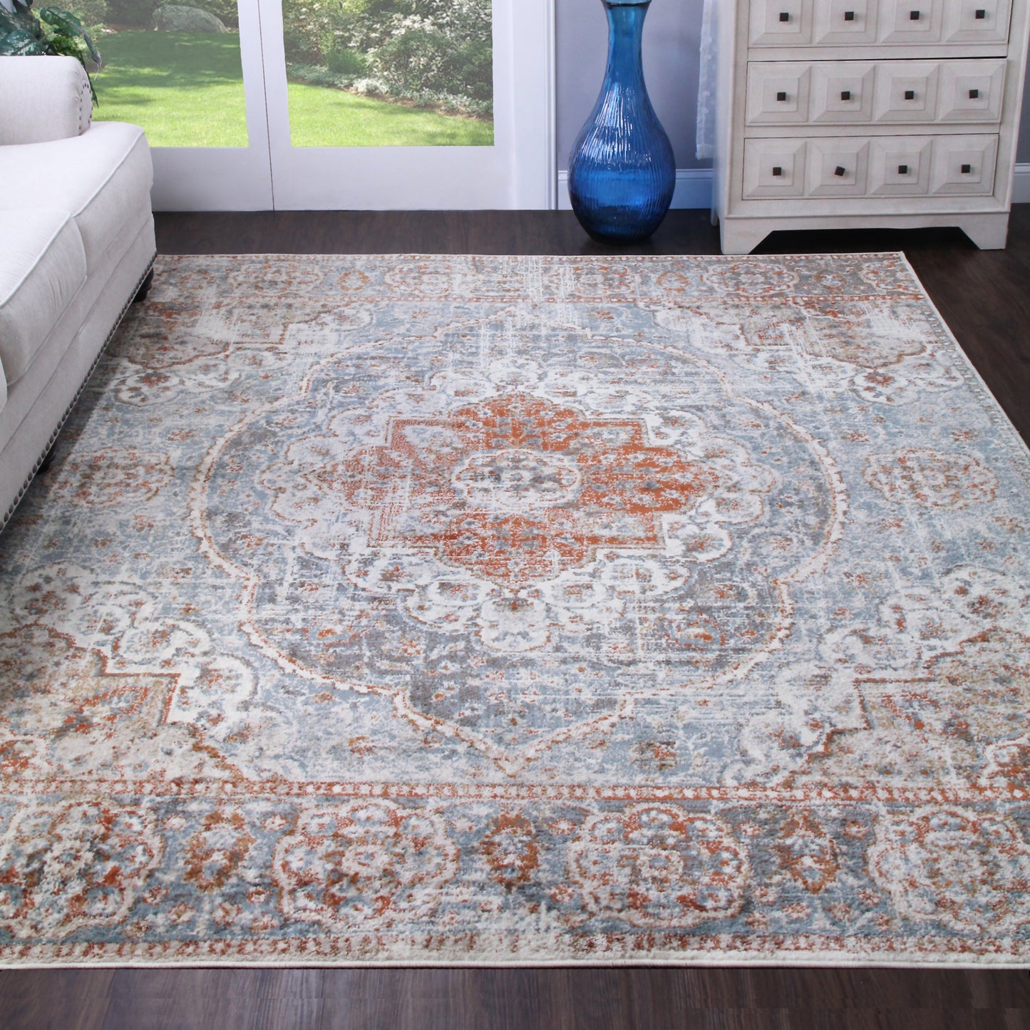Bodhi Vintage Floral Classic Medallion Indoor Area Rug or Runner - Canal Blue