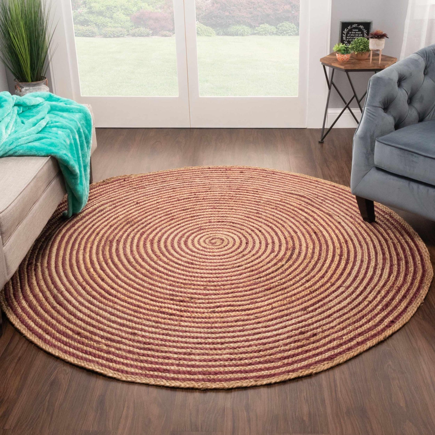 Superior Braided Round Jute Indoor Area Rug - Burgundy