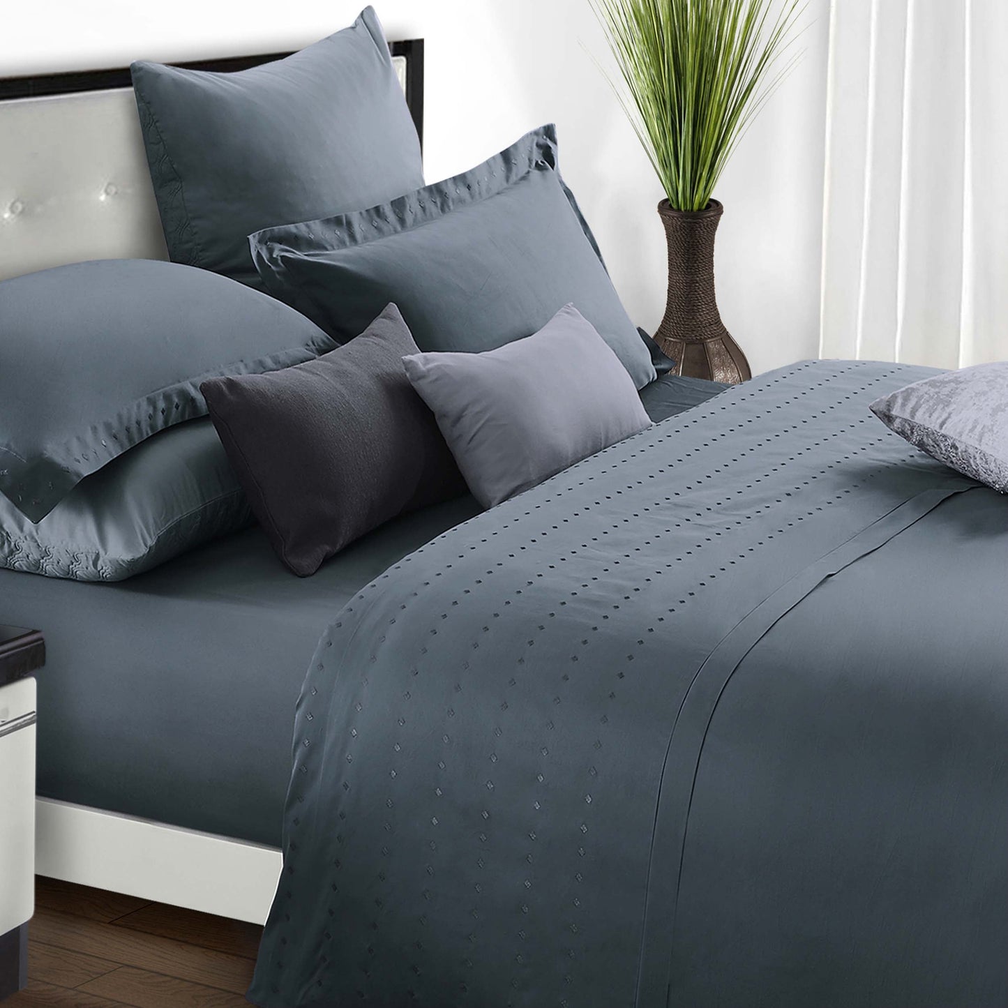 Brandon Diamond Embroidered Solid Cotton Duvet Cover Set - Gray